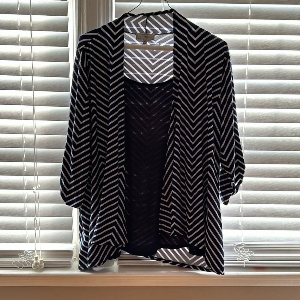Liz McCoy womens striped navy and white 2-fer attached sleeve shirt.